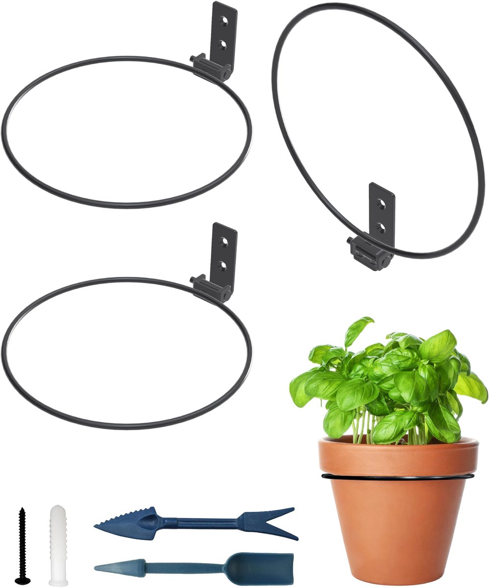 Famanu – Opvouwbare bloempothouderring voor wandmontage, zware ronde metalen plantenbakhaken, set van 3 stuks voor binnen en buiten gebruik, ideaal voor het ophangen van je bloempotten