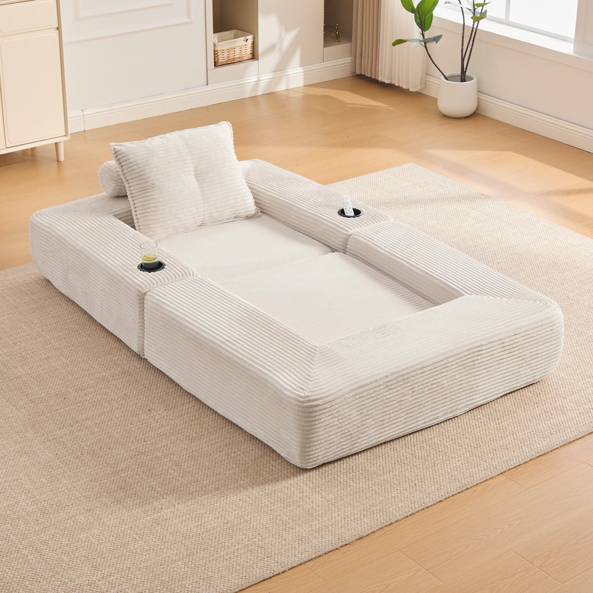 MODFU - Slaapbank - Corduroy - Beige - 122 X 98 X 80 Cm