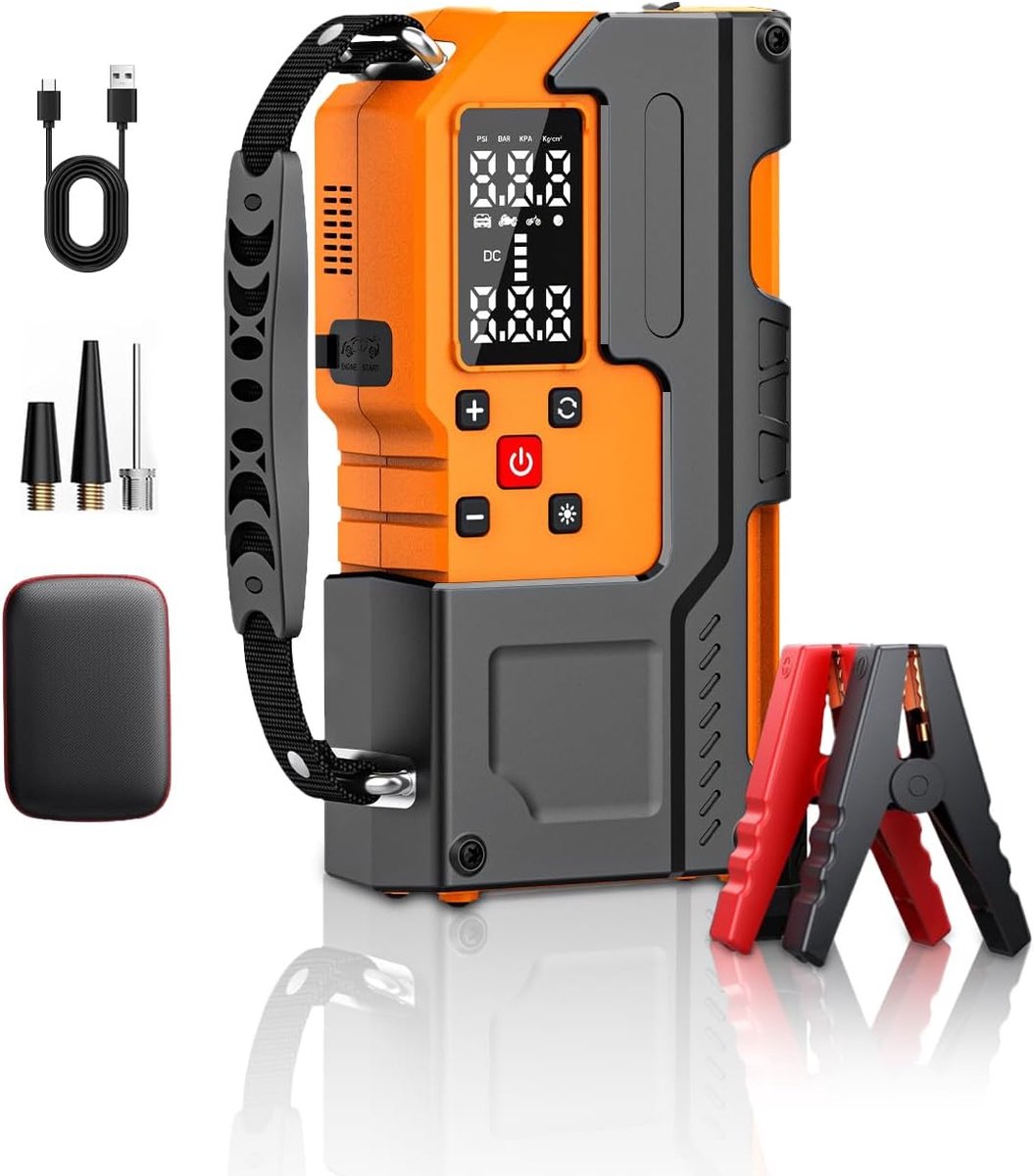 Draagbare auto-startbooster met luchtcompressor, 150 PSI draagbare bandenpomp met 3000 A auto-accubooster (9.0L benzine/6.5L diesel), 12V startbooster met slimme startkabels