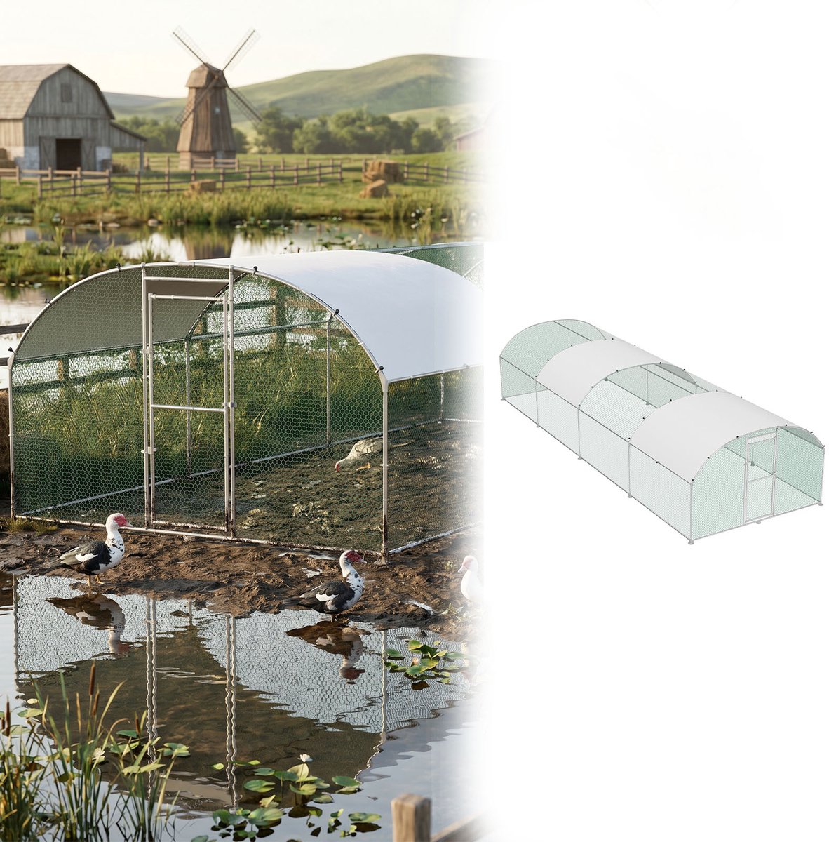 Aufun Kippenrenin bogenvormig ontwerp - 3x8x2m - Kippenhok metaal, Geschikt als kippenhok, huisdierkooi of vogelkooi