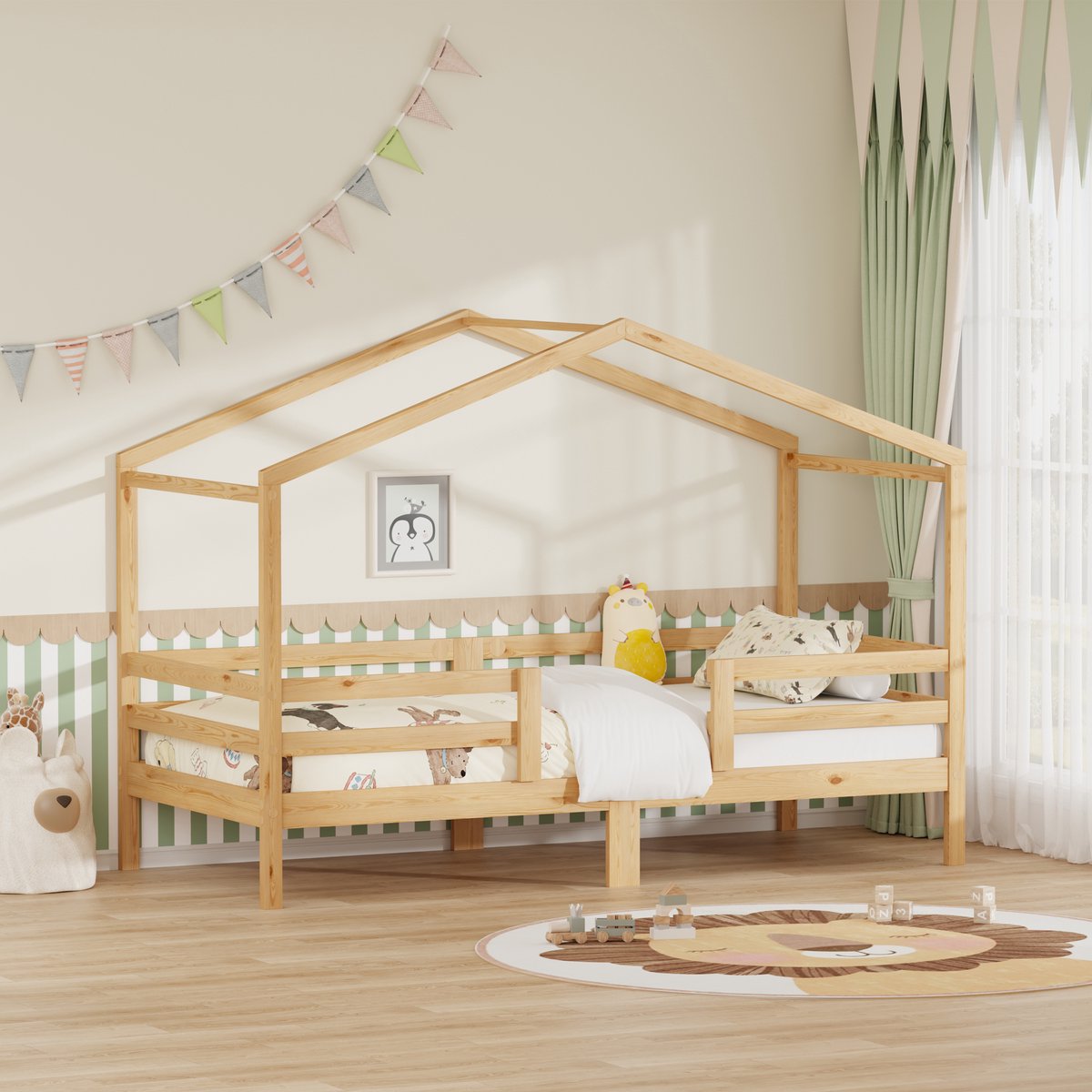 Kinderbed In De Vorm Van Een Huisje, 90X200 cm, Gemaakt Van Massief Grenenhout, Voor Jongens En Meisjes, Met Een Dak In De Vorm Van Een Huisje, Valbeveiliging Aan Drie Zijden En Een Lattenbodem Van Grenenhout (Exclusief Matras)-Natuurlijk
