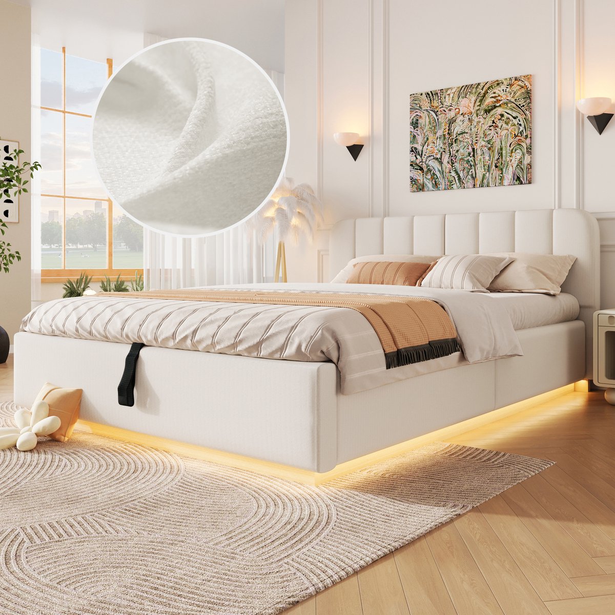Gestoffeerd Bed 140x200 cm - Met LED-Verlichting - Met Opbergruimte - Met Glijbaan - Beige