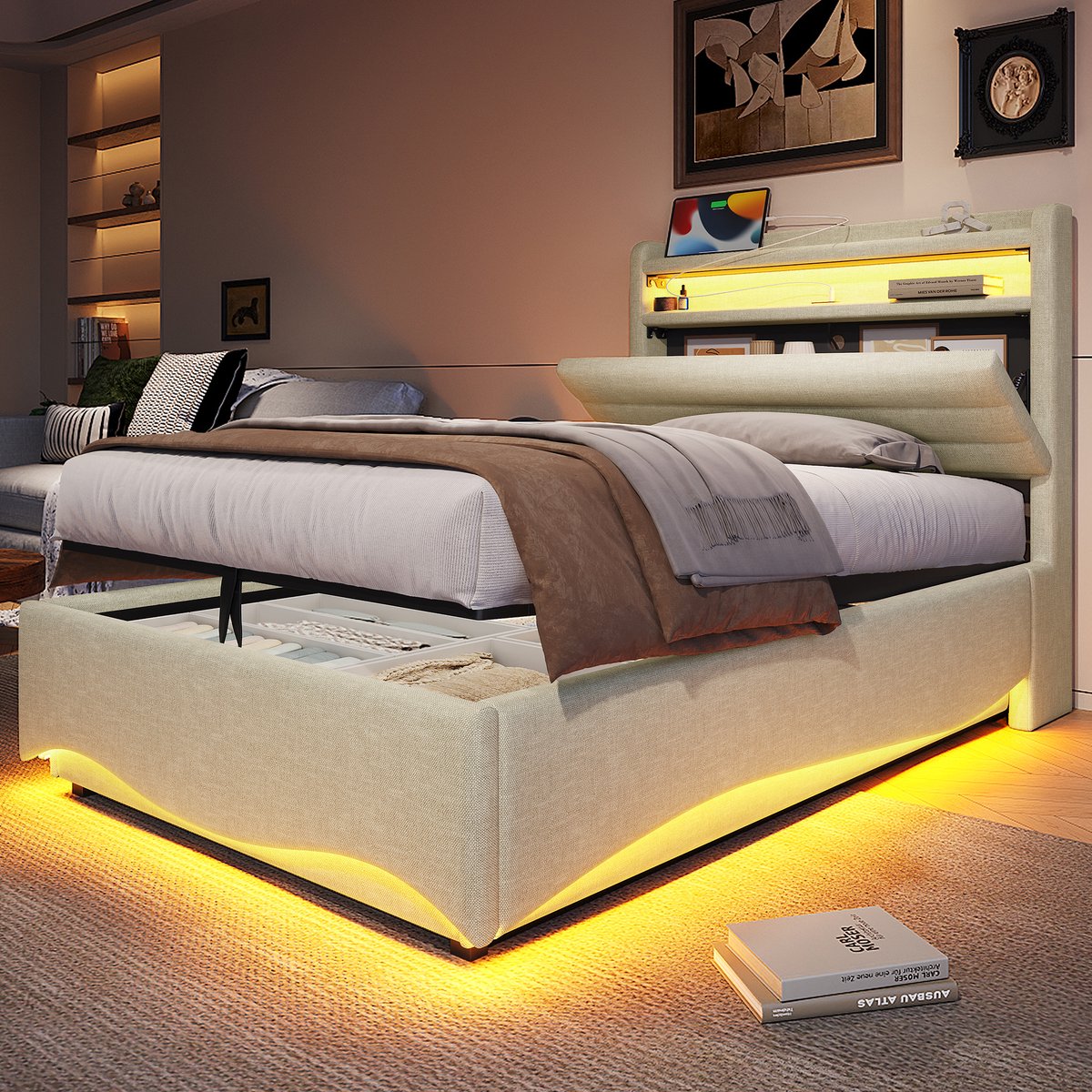 Gestoffeerd Bed 90x200 cm - Met LED-Verlichting - Met Opbergruimte - Met USB-Oplaadpunt - Beige