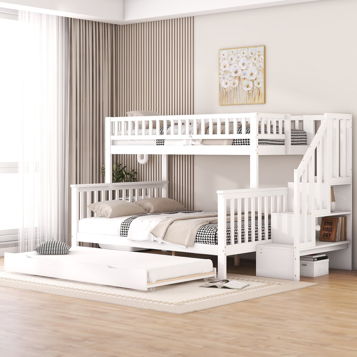 Stapelbed 90x200 cm - Met Opbergruimte - Uittrekbaar - Met Ladder - Wit
