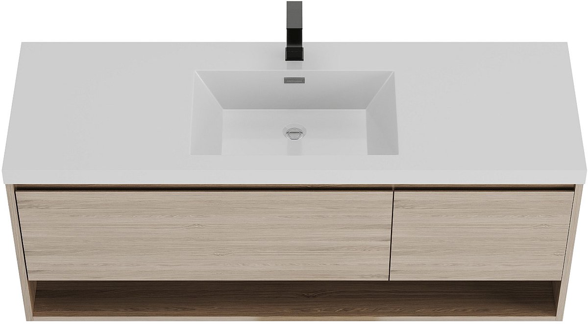 Vente-unique Zwevend badkamermeubel met enkele wastafel in licht natuurlijke kleur met kraan - 150 cm - PUJUKA
