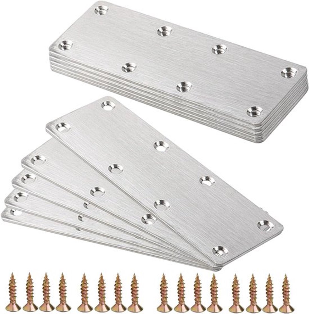Set van 10 platte reparatieplaten met schroeven, 140x50x2mm roestvrijstalen verbindingsbeugels voor meubels, planken en constructies
