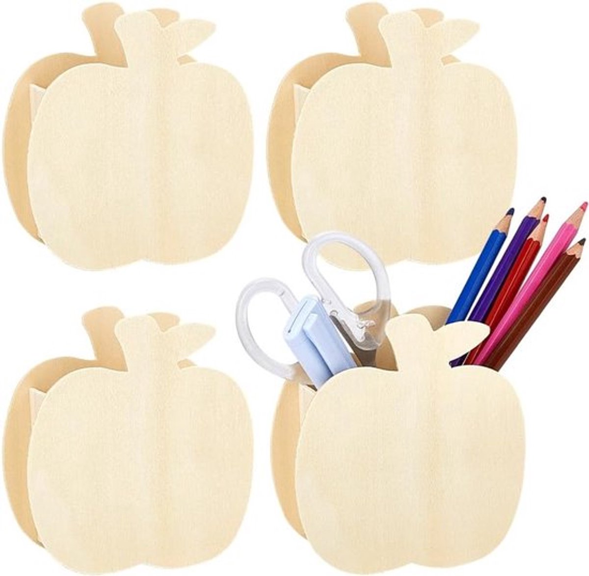 Houten pennenhouders in appelvorm - 4 stuks, duurzame organizer voor pennen, ideaal voor thuis, school en kantoor, perfect voor cadeau's en feestdagen