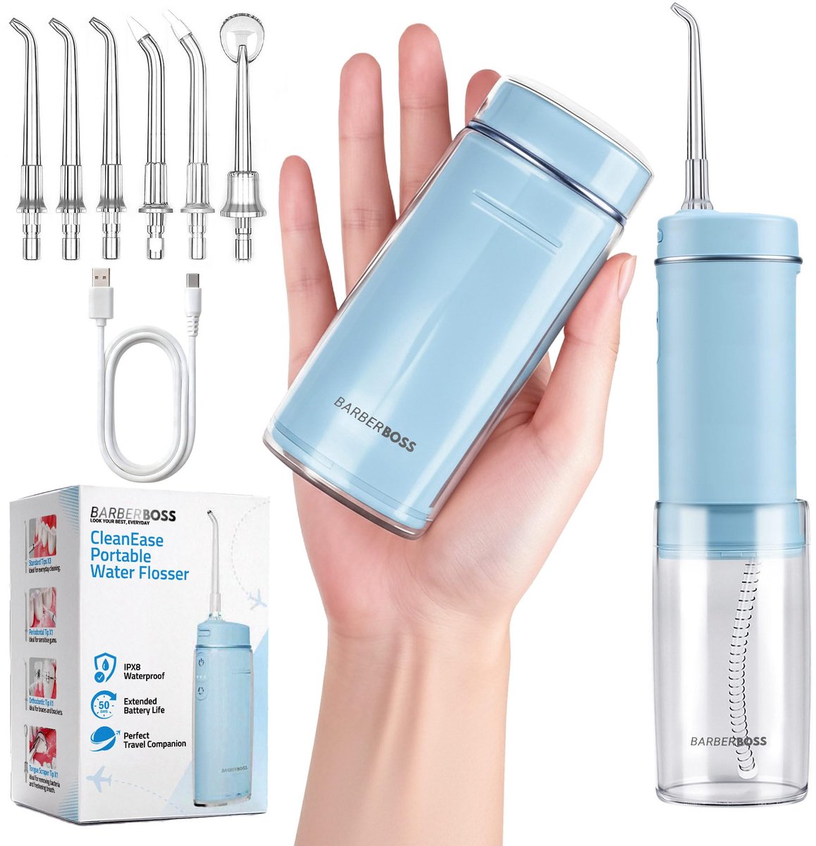 Waterflosser Draadloos – 6 Opzetstukken – 3 Standen – IPX8 Waterdicht – USB-C – Tot 50 Dagen Accu