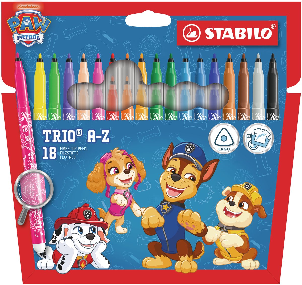 STABILO x PAW Patrol Trio A-Z - Viltstift - Met Ergonomische Driekantige Gripzone - Etui Met 18 Kleuren