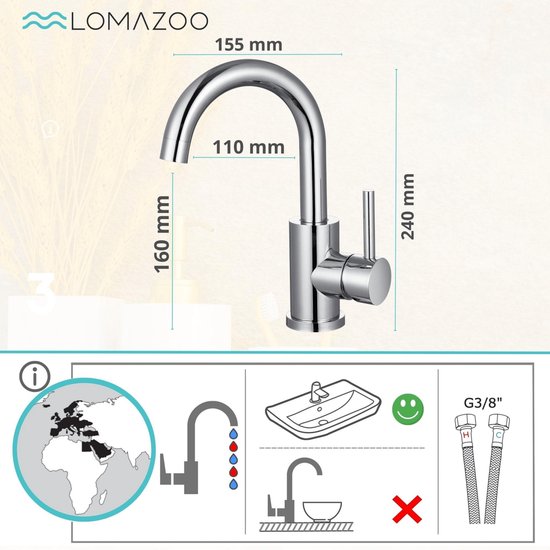 Lomazoo wastafelkraan met afmetingen 155mm breed, 110mm diep, 240mm hoog en 160mm uitloop. Glanzend chroom.