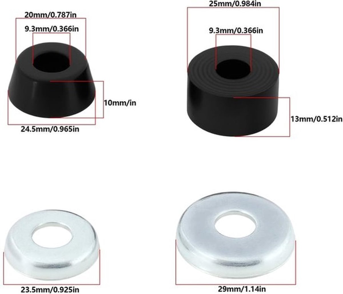 Skateboard Bushings 95A Hard - Cilinder Kussens - Compatibel met Independent/Venture/Thunder - Rubber/Metaal - 4x Bussen/Pads - Zwart/Silver