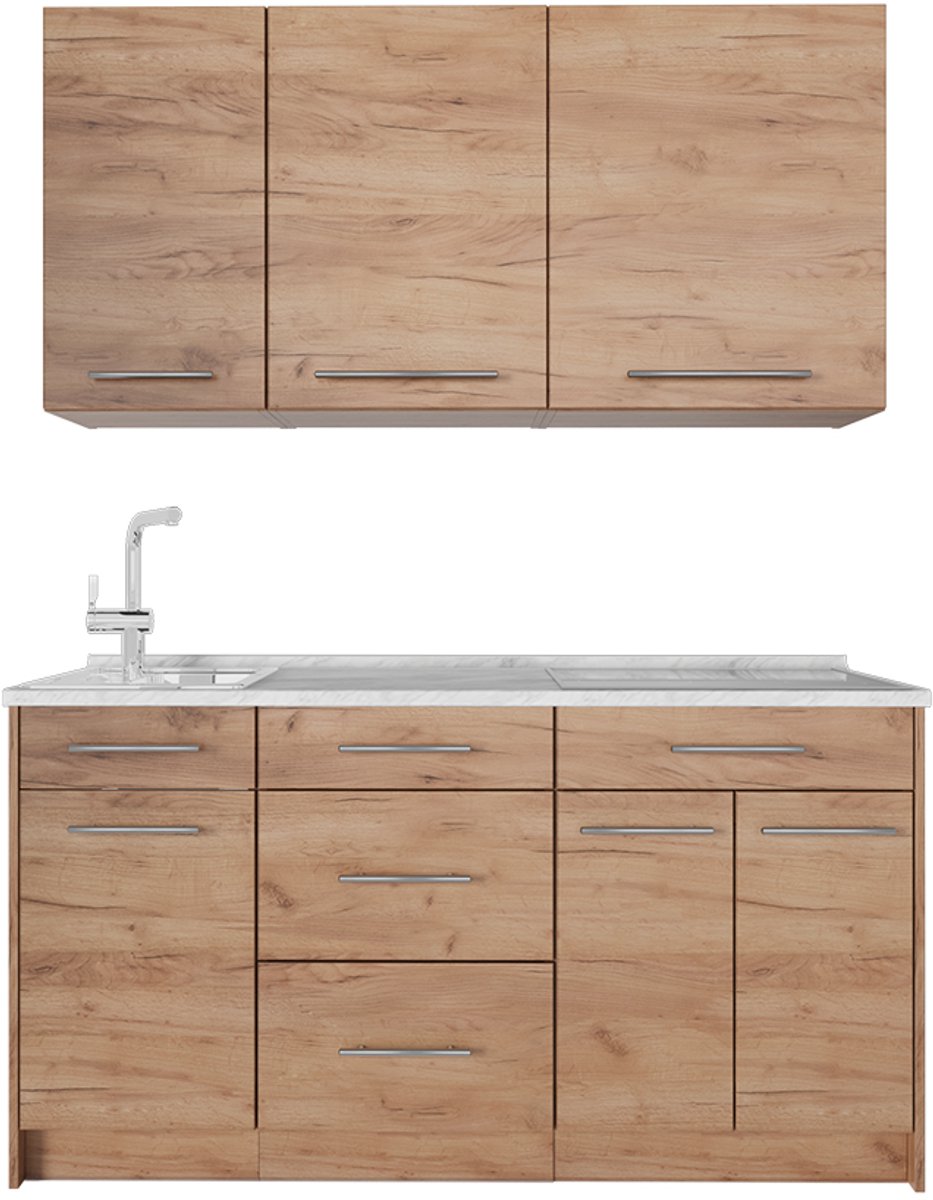 Vicco Keukeneenheid Fame-Line, Goudkleurig Eiken/Goudkleurig Eiken, 150 cm marmer werkblad
