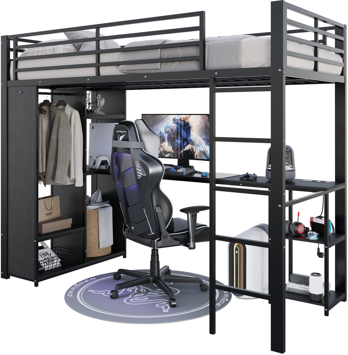 Merax Metalen Hoogslaper 90 x 200 cm - Met Bureau - Open Kledingkast - Opbergvakken - LED Verlichting - Stopcontact - USB En USB-C - Zwart