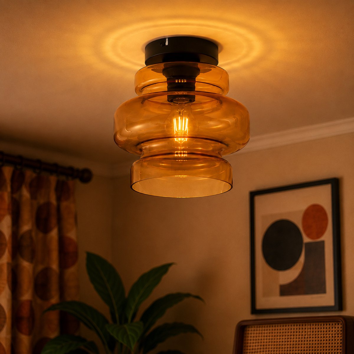 Qazqa retro plafondlamp - Denise - zwart, rond, 23cm, ideaal als woonkamer en hal lamp
