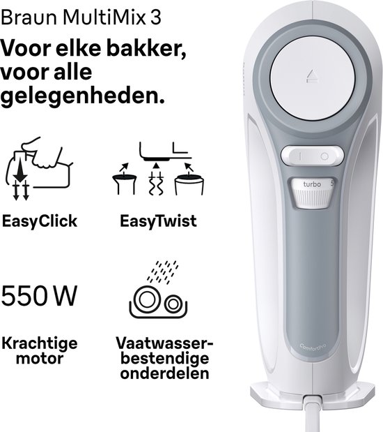 Braun MultiMix3 HM3235WH - Handmixer - Ergonomische handgreep - Incl mixervoet en hakmolen -550W van Braun — afbeelding 2