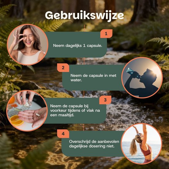 Gebruiksaanwijzing: Neem dagelijks 1 capsule met water, bij voorkeur tijdens of na een maaltijd. Overschrijd de aanbevolen dagelijkse dosering niet.