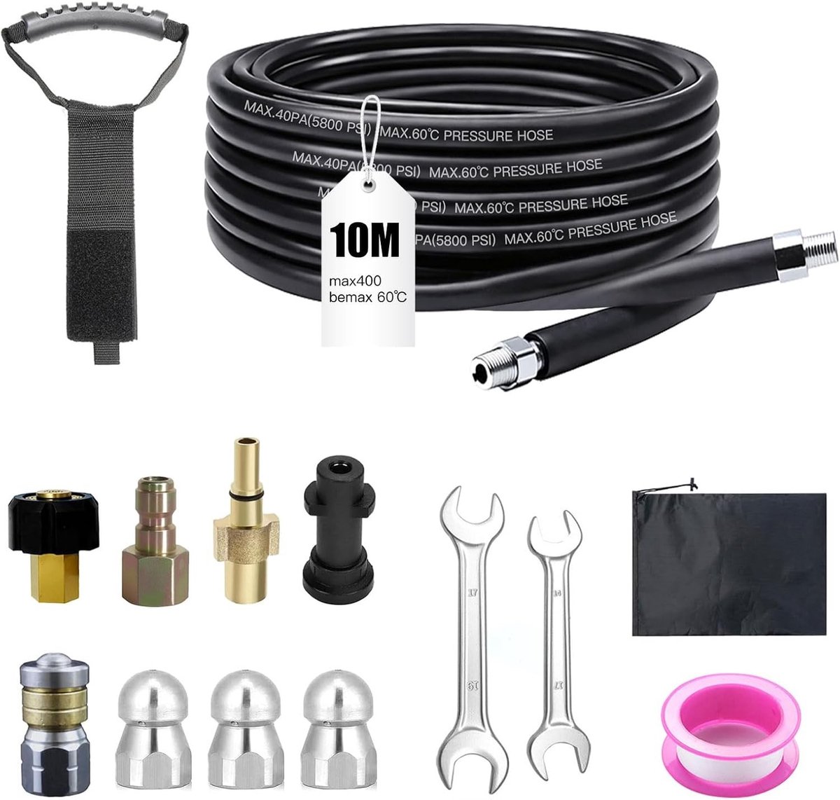 Hoge druk reinigingsslang set voor afvoer, 400 bar 140 °C, inclusief adapters en spuitmonden, universele oplossing voor verstoppingen en rioleringsreiniging