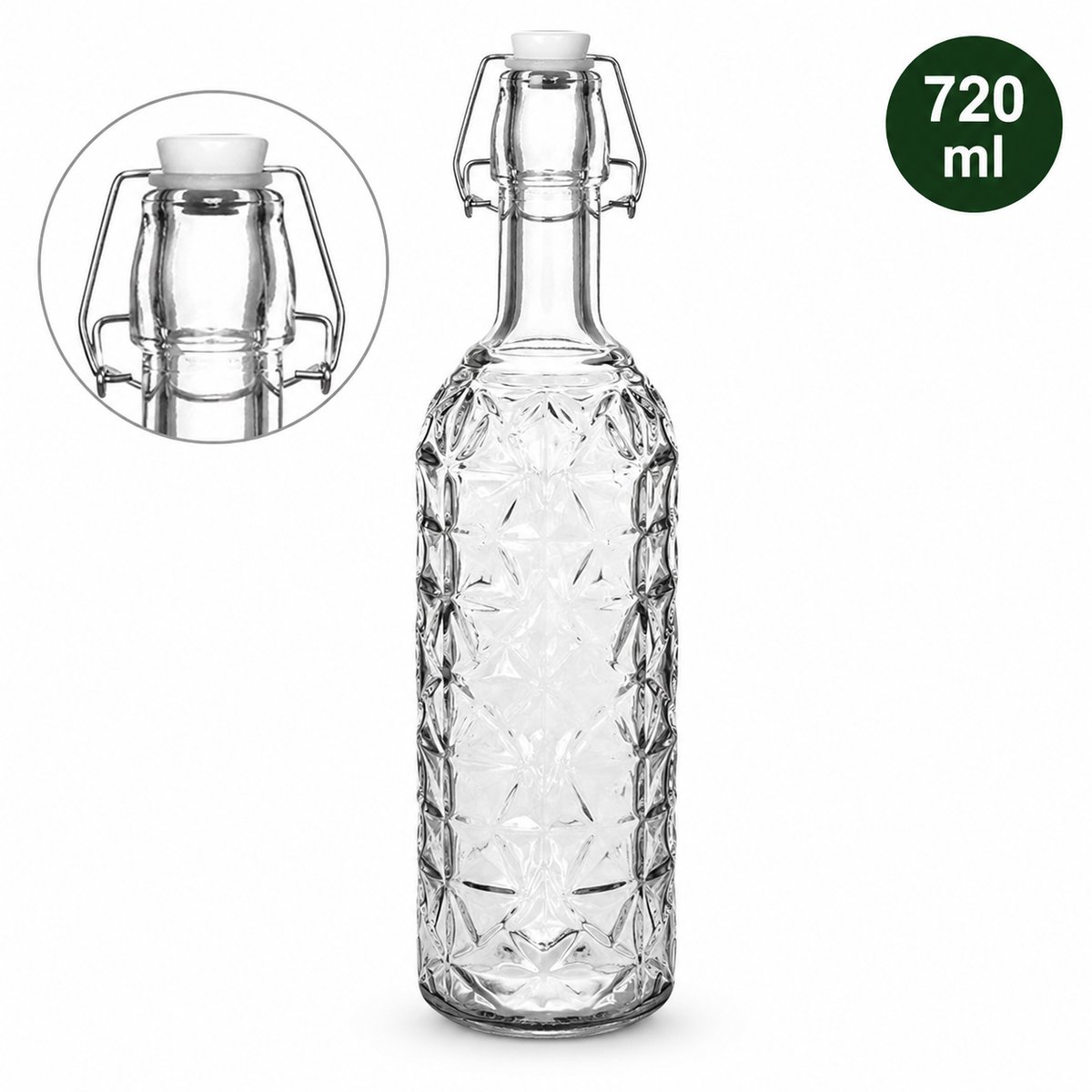 Stijlvolle Glazen Beugelfles 720 ml – Decoratieve Glazen Fles met Beugelsluiting – Voor Water, Sap, Limonade, Siroop & Zelfgemaakte Dranken – Transparant Reliëfdesign