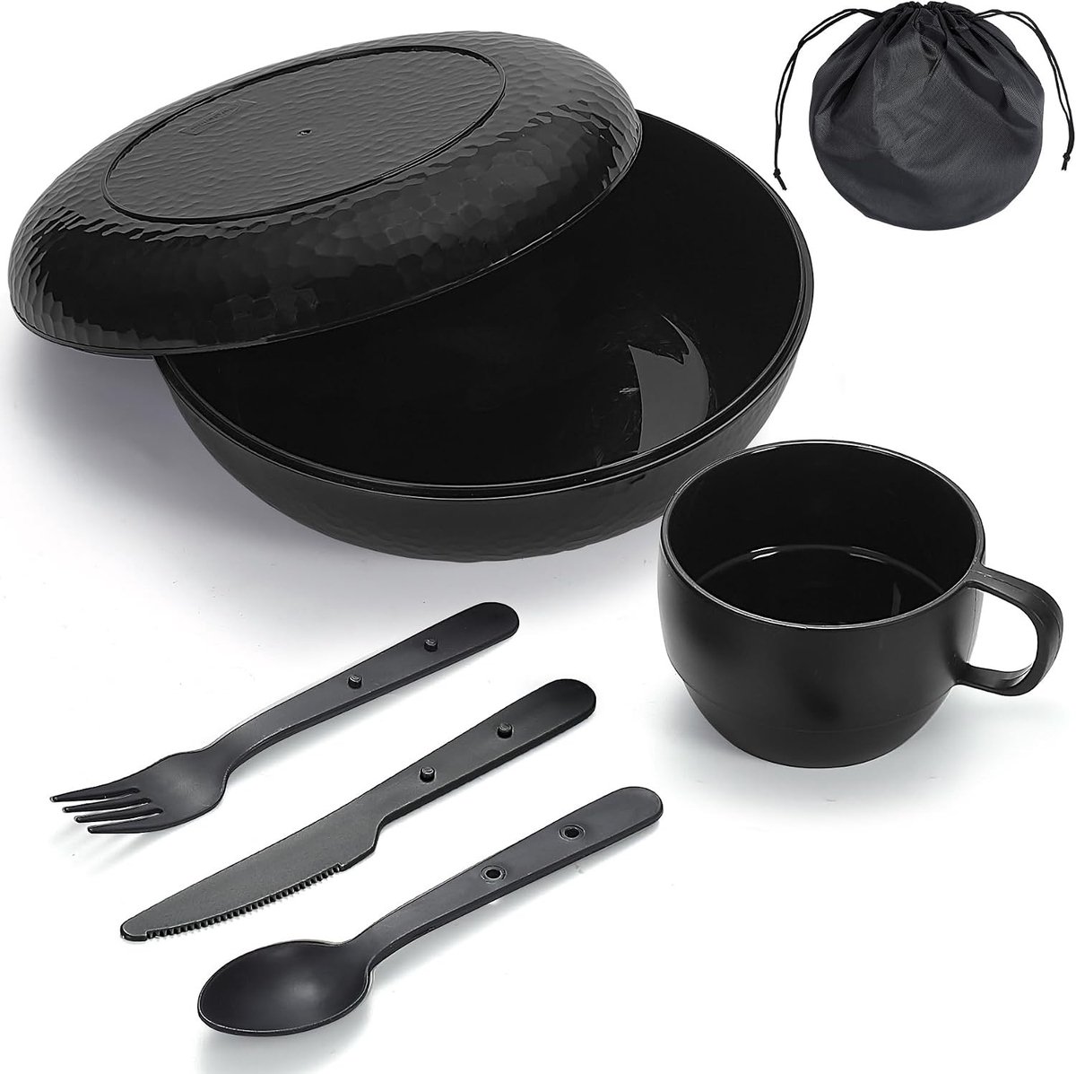 Complete Camping Mess Kit met Kom, Bord, Mok, Lepel, Vork, Mes en Draagtas - Essentiële Plastic Accessoires voor Kamperen, Picknicken en Buitenactiviteiten, Makkelijk Schoon te Maken