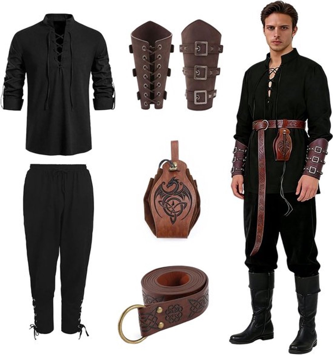 Complete Set Middeleeuws Kostuum voor Mannen - Renaissance Piraten Outfit met Shirt, Broek, Riem en Accessoires voor Carnaval en Cosplay