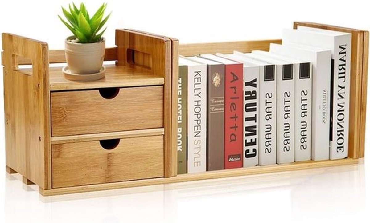 Verstelbare houten bureau- en boekenkast met uittrekbare opbergrekken en 2 lades voor optimale organisatie