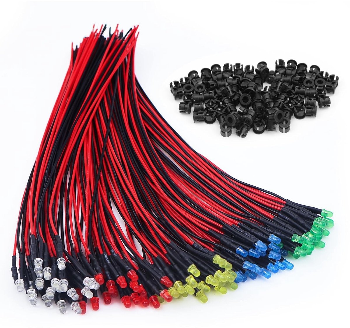 100 stuks voorbedrade 12V LED diodes met 20 cm kabel en montage-ringen in diverse kleuren, 3 mm formaat