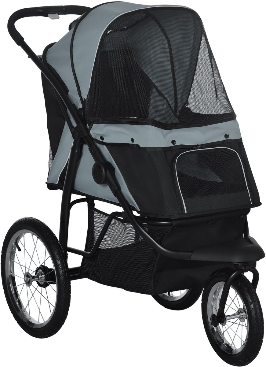 Hondenbuggy-opvouwbaar-zonnescherm-gaasvenster-opbergmand-grijs-111 x 58 x 107 cm