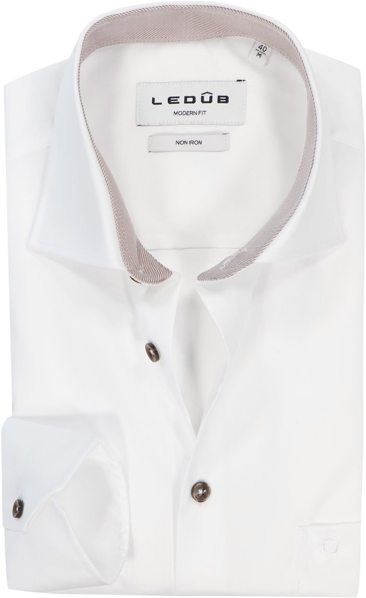 Ledub modern fit overhemd - twill - wit - Strijkvrij - Boordmaat: 40 (EU maat: M)