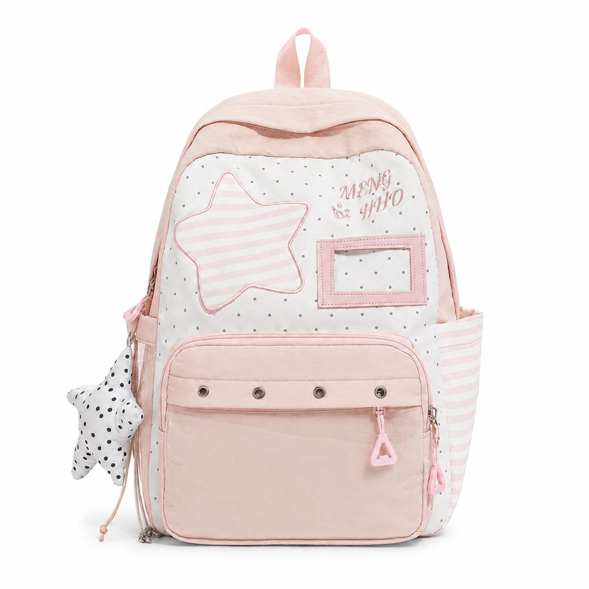 Schoolrugzak Set Meisjes Meisjesrugzak met Sterren – Schoolrugzak voor Meisjes – Nylon Rugzak met Transparant DIY-Vak en Sterrenhanger – 31 × 18 × 46 cm – Roze