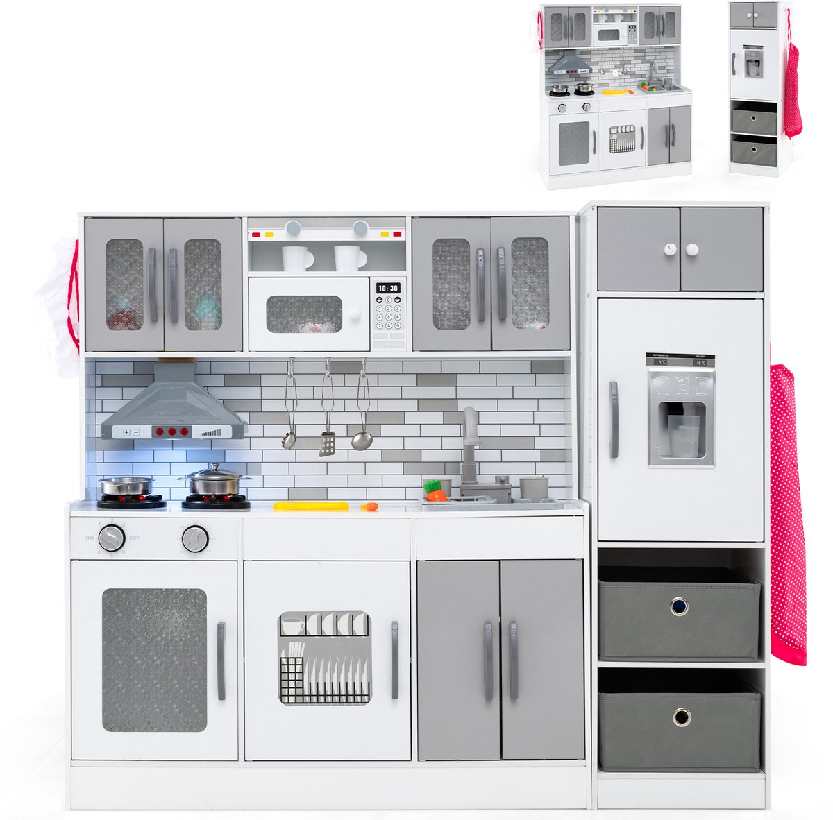 COSTWAY Kinderkeuken incl. 22 accessoires, modulaire speelkeuken met koelkast en 2 stoffen manden, houten keuken met waterfunctie, licht en geluid, speelgoedkeuken voor kinderen vanaf 3 jaar (grijs)