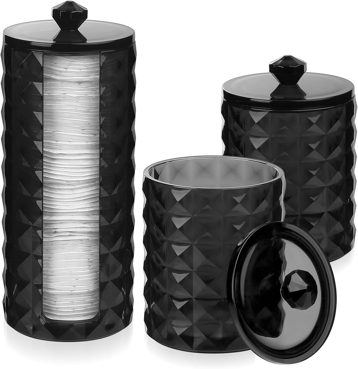 Set van 3 Wattenstaafjeshouders - Zwarte Dispenser voor Wattenschijfjes - Opbergdoos voor Badkamer en Make-uptafel - Organizer voor Cosmetica, Oorstaafjes en Haarelastiekjes