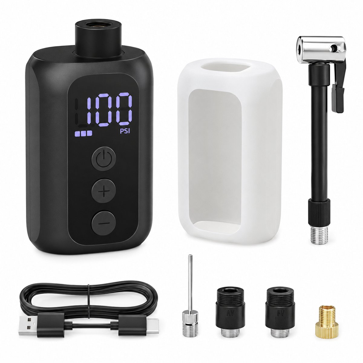 Gloovon® mini elektrische fietspomp fietsbandenpomp - 100 PSI met LED-scherm - USB-C oplaadbaar - AV FV adapters en balnaald