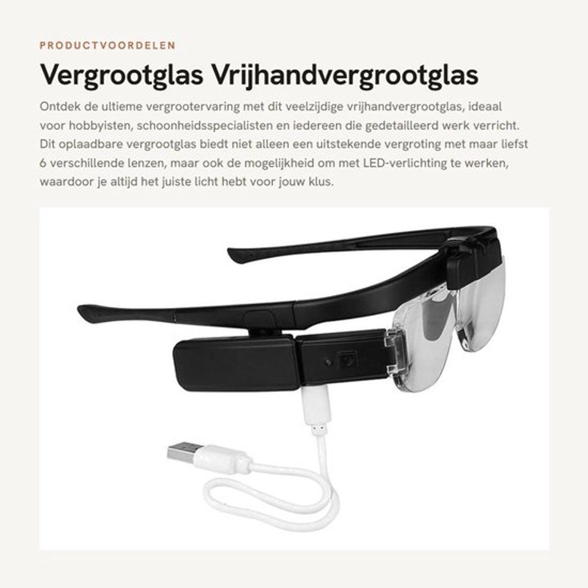 Vergrootglas - Vrijhandvergrootglas - Oplaadbaar met LED-licht - Zwart - 6 Verstelbare Lenzen - Geschikt voor Lezen en Reparatie