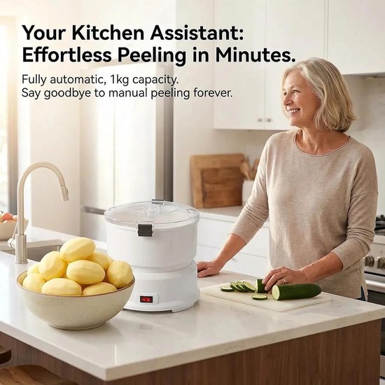 Automatische Aardappelschiller - Groente Schillen - Snel Keukenwerk - Handsfree Werking - 1 kg Capaciteit - Wit — afbeelding 2