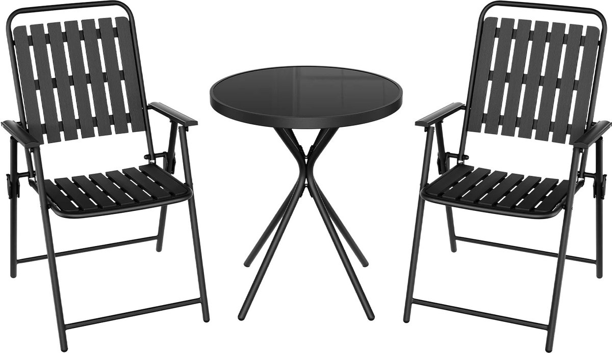 Bresht 3-delige Balkonset - 2 personen - Water-, UV- en roestbestendig - Met Klapstoelen - Zwart - 60 × 70 cm - 55,5 × 90 × 64 cm