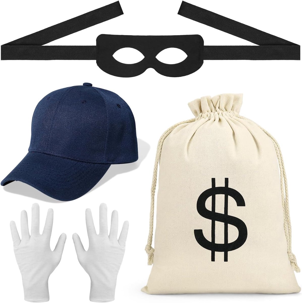 Accessoire, pantserkraakermasker + dollar geldzak + handschoenen + pet, cosplay, bandiet, roof, inbreker, bankrover, kostuumaccessoires voor volwassenen en kinderen voor