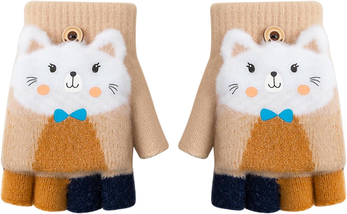 Handschoenen 6-15 jaar voor jongens meisjes, converteerbare flip-top handschoenen cartoon thermische gebreide handschoenen gebreide vingerloze handschoenen warme rekbare wanten
