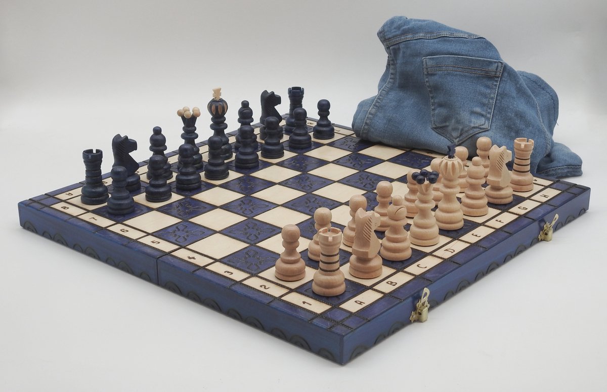 Grote Jeans Blauw Houten Schaakset - Elegante Traditionele Stijl