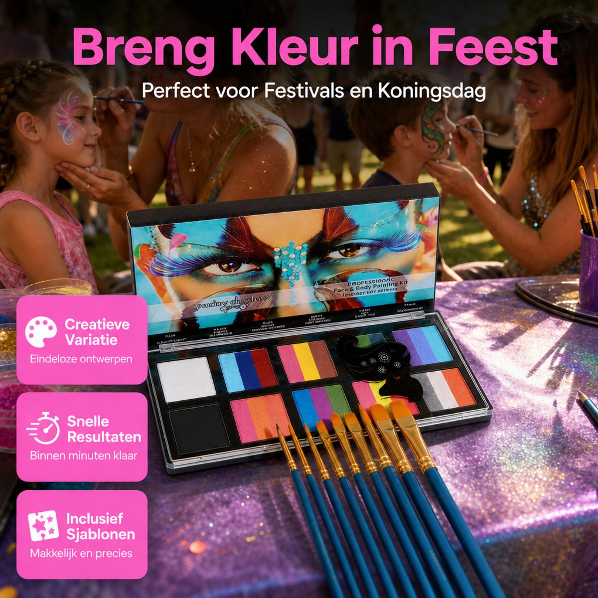 Professionele Kinderschmink Set - 26 Kleuren - Waterbasis - Incl. 10 Penselen & Sjablonen - Hét Ideale Koningsdag & Festival Cadeau - Veilig voor Kind & Volwassenen — afbeelding 4