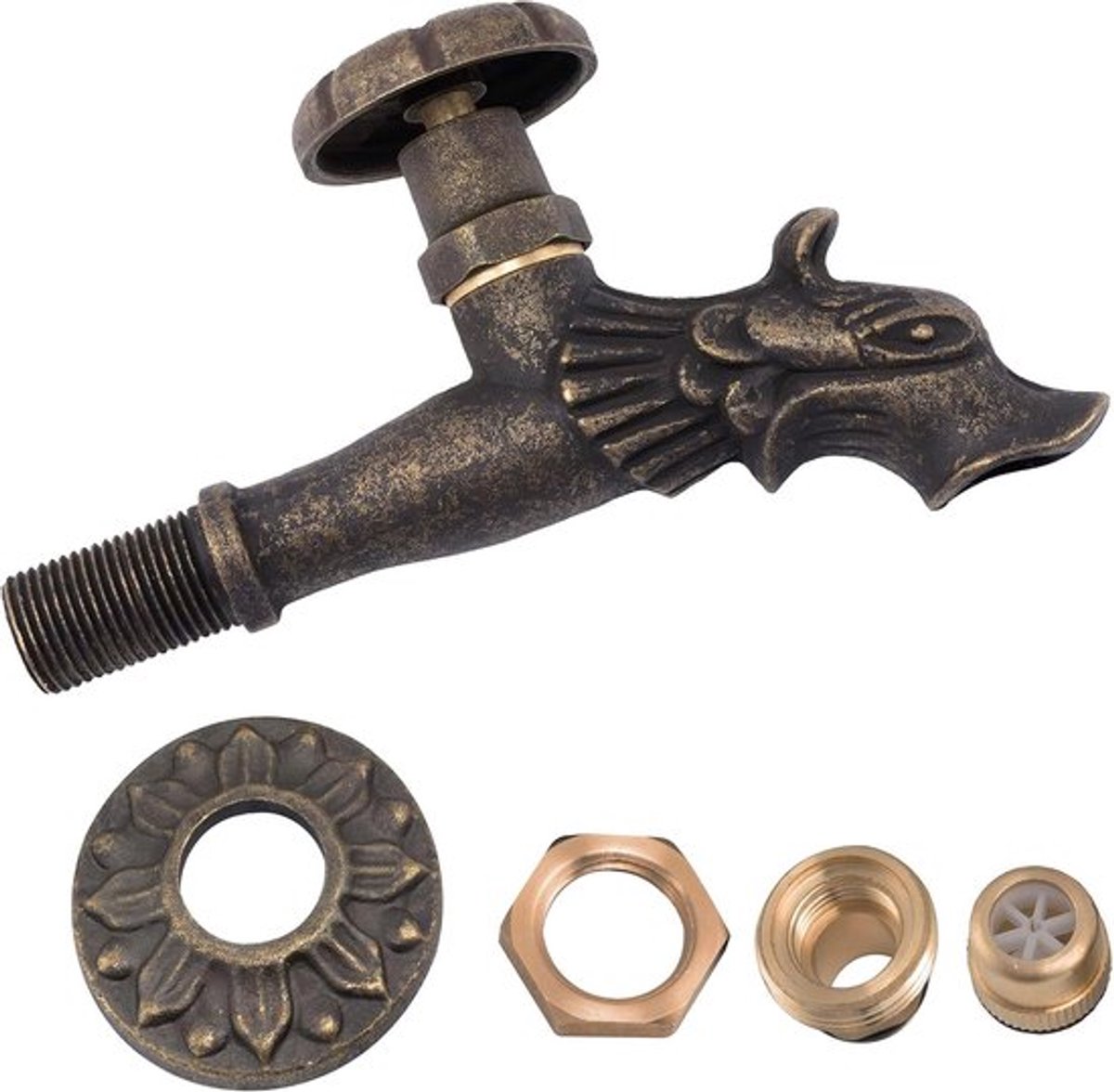 Wandspoelbak armatuur met "drakenkop" design - Vintage sanitair fontein ornament voor badkamer en tuin - Antiek retro decoratief met ronde greep - Zwart oud messing - 1/2 inch.