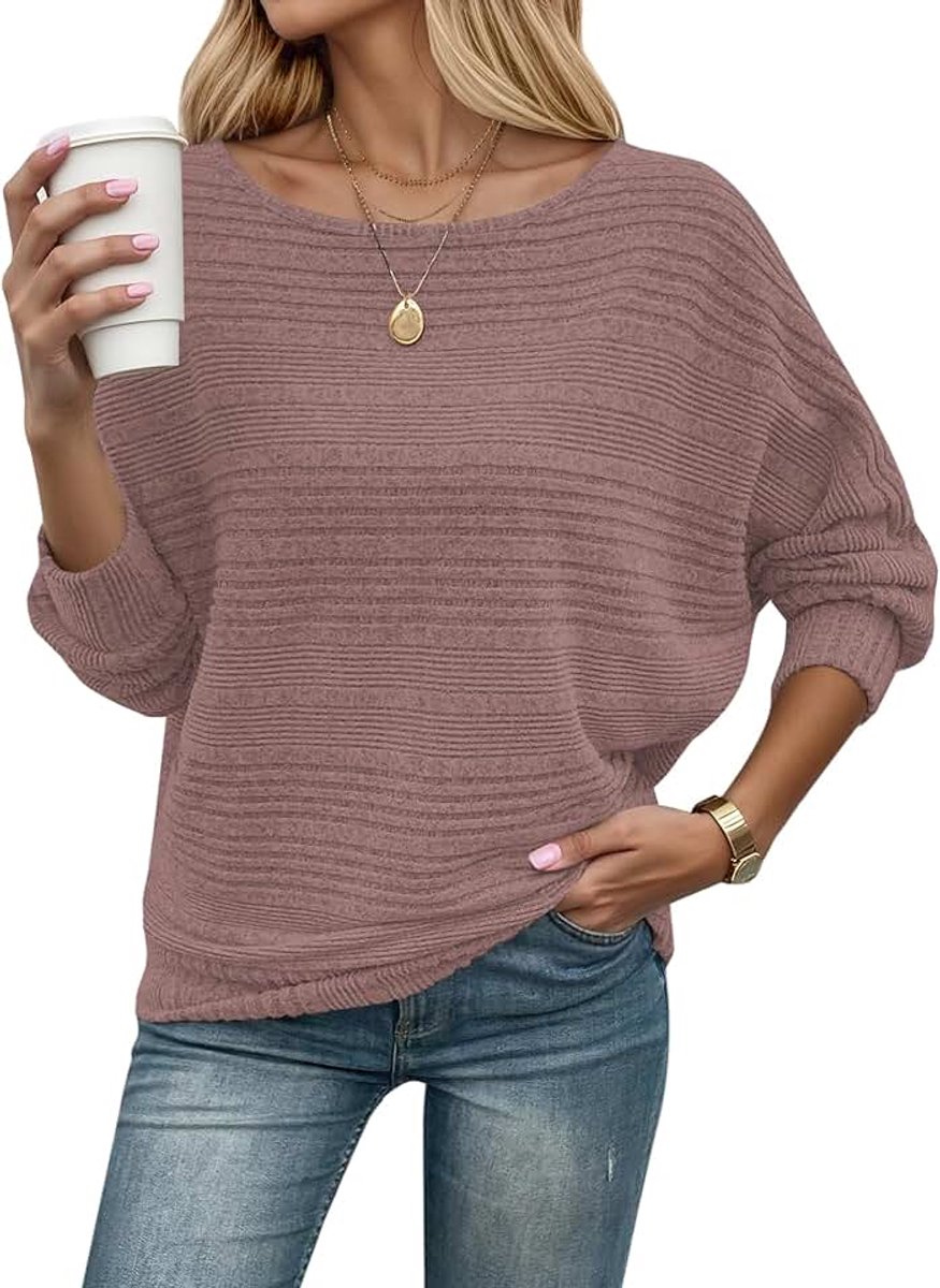 Dames Truien Lichtgewicht Boothals Losse Batwing Lange Mouwen Tops Gestreepte Gebreide Trui Casual Trui