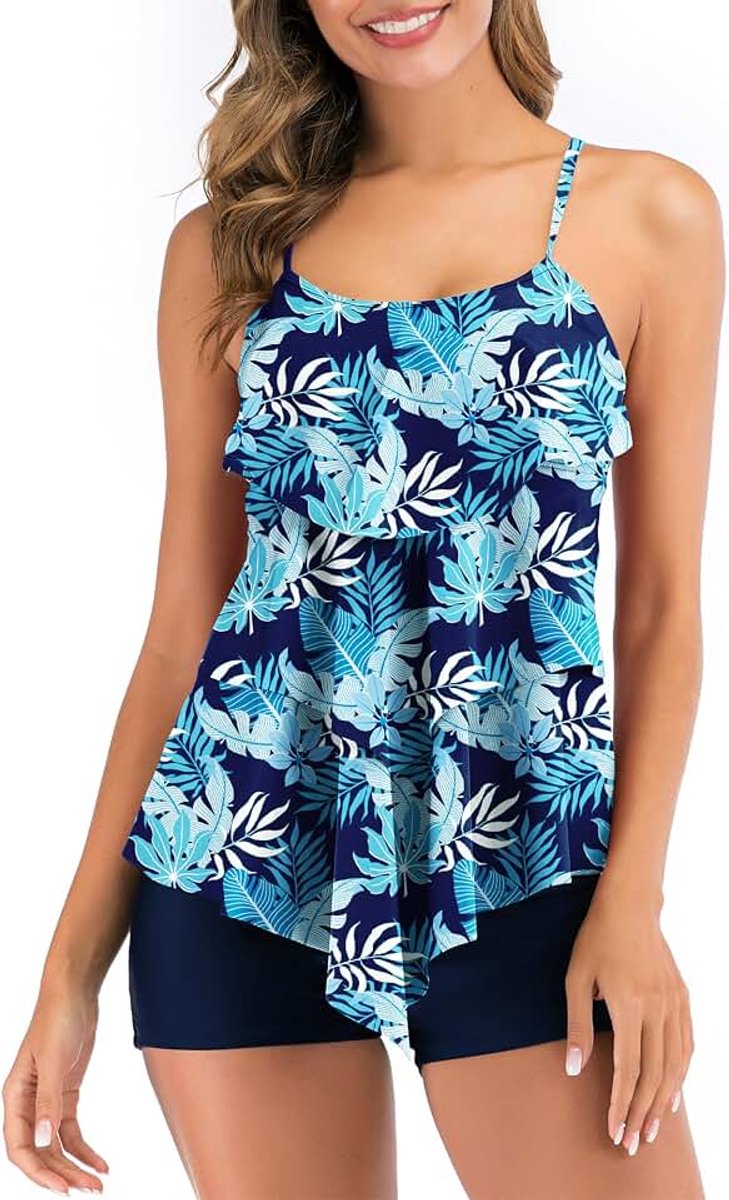 2 Stuk Tankini Badpakken Volant Gedrukt Top Met Boyshorts Plus Size Badmode Badpak