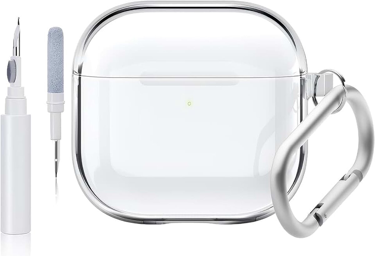 Compatibel met hoesje voor AirPods 4e generatie met reinigingsset en karabijnhaak, zacht TPU, zeer anti-vergeling, Air Pods 4 Case, ondersteunt draadloos opladen (transparant)