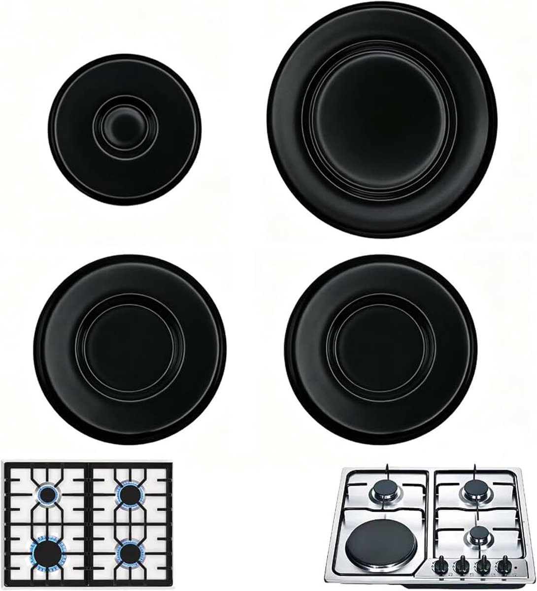 4 stuks gasfornuisafdekkingen voor branders, universele afdekkappen van metaal, geschikt voor 55 mm, 75 mm en 100 mm (concaaf), ideaal voor keuken, bescherming tegen vuil (zwart)