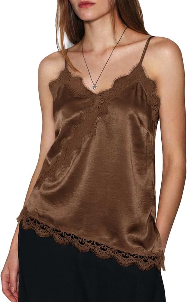Bell Dames kanten tops V-hals satijn tanktop mouwloos rugvrij camisole zomer spaghettishirts met asymmetrische zoom