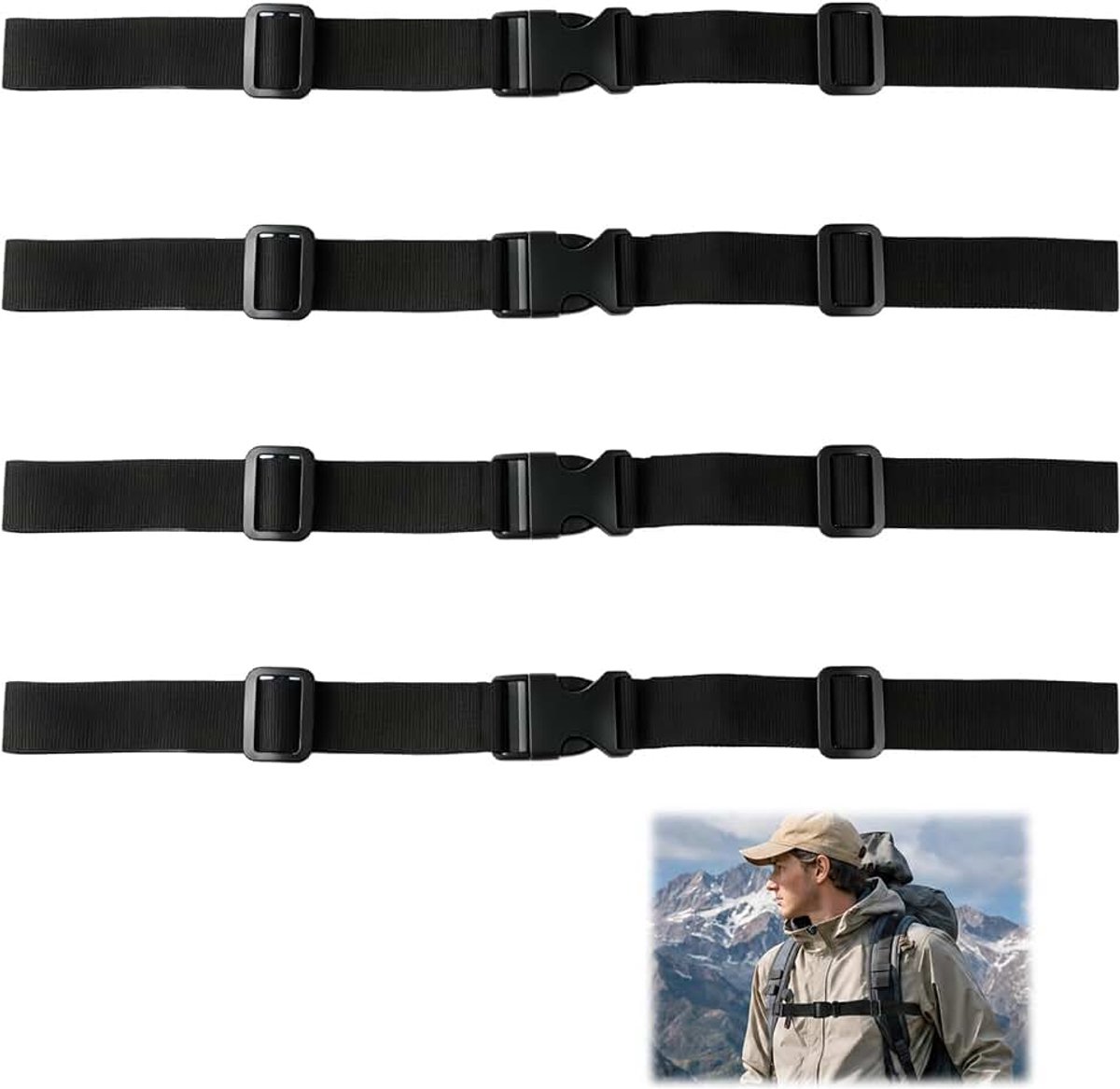 4 verstelbare borstriemen, robuust, voor rugzak, nylon, zwart, snelgespen, universeel