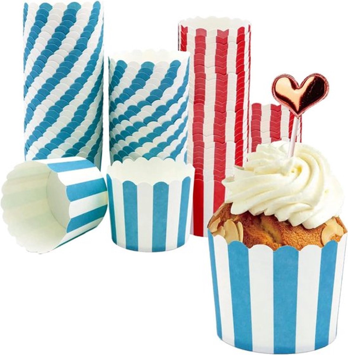 Muffin papieren vormpjes 100 stuks rood blauw cupcake-inpakpapier voor Halloween feesten bruiloften rugby strepen.