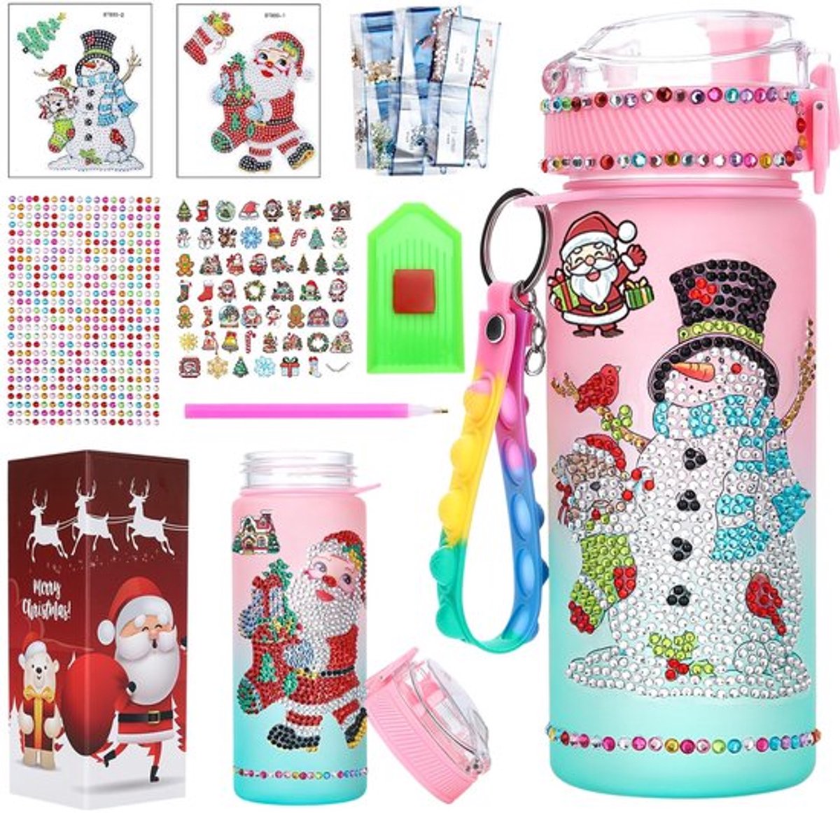 - Drinkfles - DIY Waterfles - Creatieve Knutselset - Met Kleurrijke Pop Sleutelhanger - Santa Claus - Perfect voor Kerstmis - Voor Kinderen