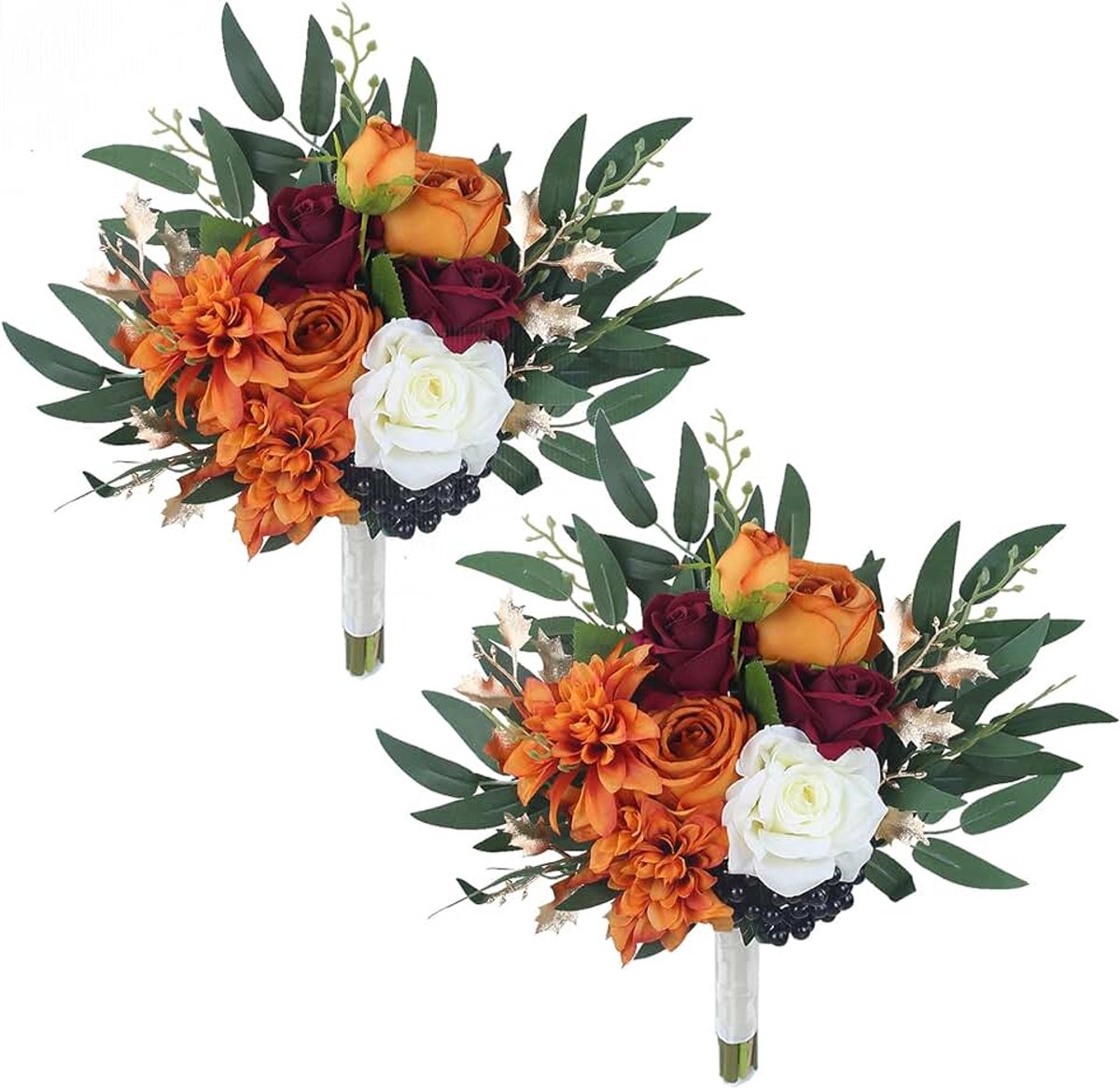 Set van 2 herfst bruidsboeketten voor bruidsmeisjes verbrand oranje bruidsmeisje kunstbloemen terracotta boeket huwelijksceremonie terracotta