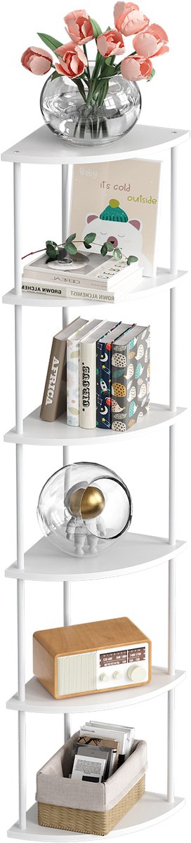 PIPIPOXER Hoekkast met 6 Lagen Hoekrek Opbergkast in Industriële Stijl 30 x 30 x 154 cm Staande kast voor Woonkamer Slaapkamer Keuken Woonkamer en Keuken Boekenkast en Plantenrek Wit